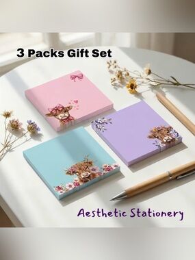3-Pack Highland Cow Sticky Note Pads - Pink, Lavender, Teal – NWT